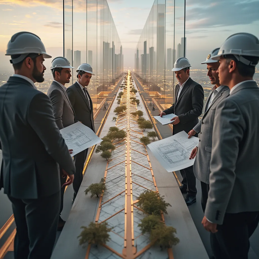Hito importante en la historia de la compañía de inversión inmobiliaria, equipo discutiendo planos.